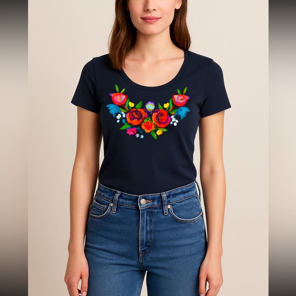 Jackpot Daily Organic Cotton Embroidered Floral Tee Shirt Navy Blue Small Boho - Picture 1 of 6